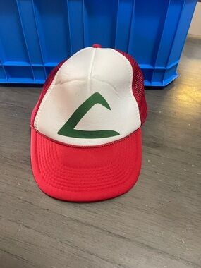 Red and White Trucker Hat with Green Logo
